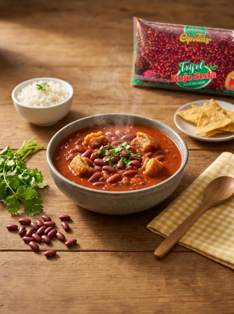 Frijol Rojo de Seda con Chicharrón y Arroz