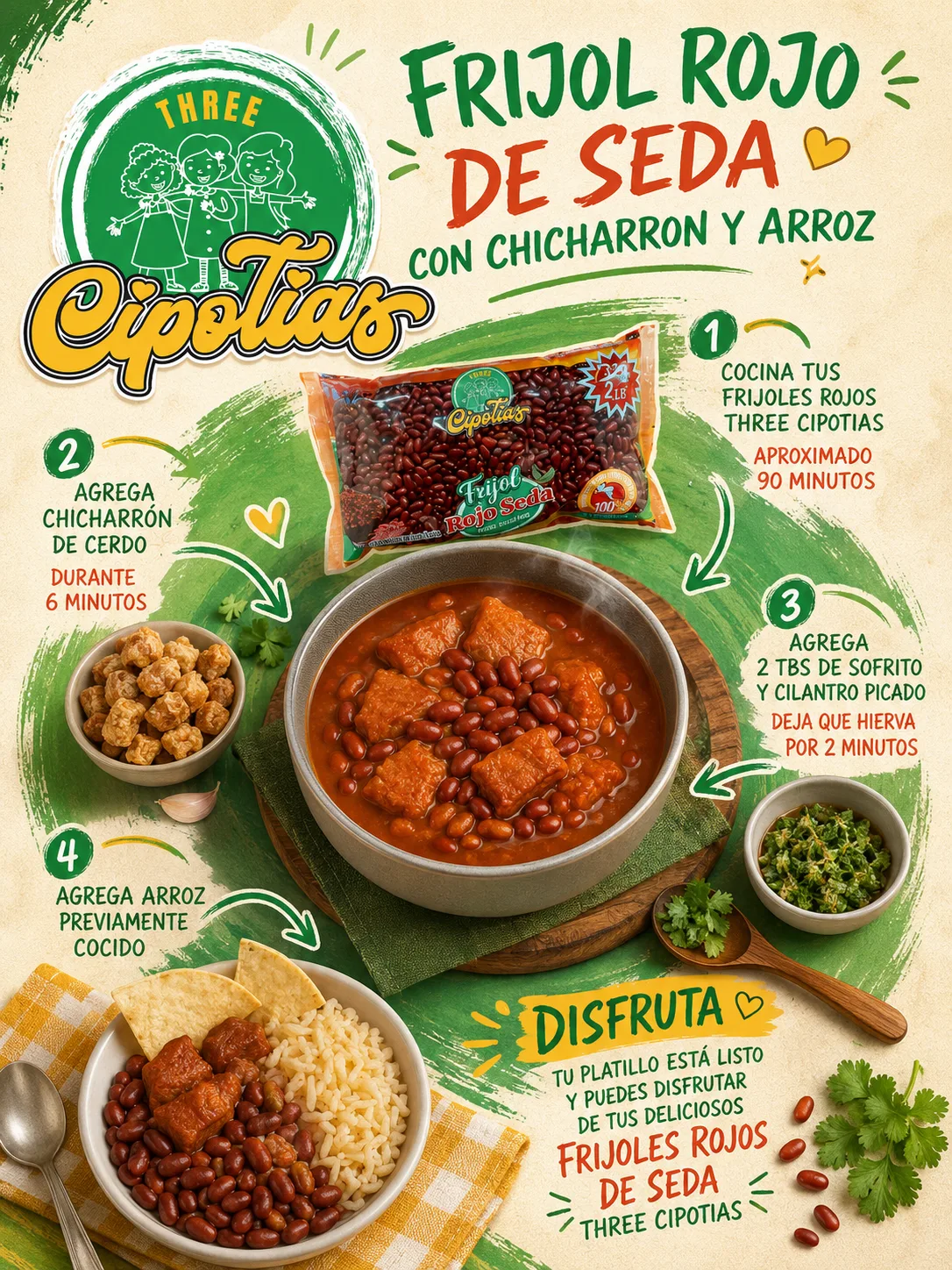 Frijol Rojo de Seda con Chicharrón y Arroz